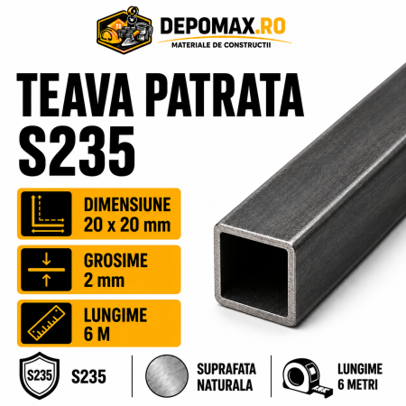 Teava patrata 20 x 20 x 2 mm, 6 metri